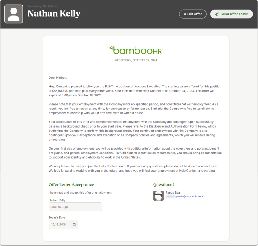Screenshot of the Offer Letter Preview page for a candidate (redacted to “Nathan Kelly”). Banner includes BambooHR logo and date. The letter body includes details of job title, salary (redacted as [amount]), start date, and company conditions. At the bottom is the Offer Letter Acceptance section with a checkbox for “I have read and accept the terms of employment,” date field, and electronic signature panel. Sidebar includes “Questions?” contact with an example email. Buttons at the top: Edit Offer and Send Offer Letter.