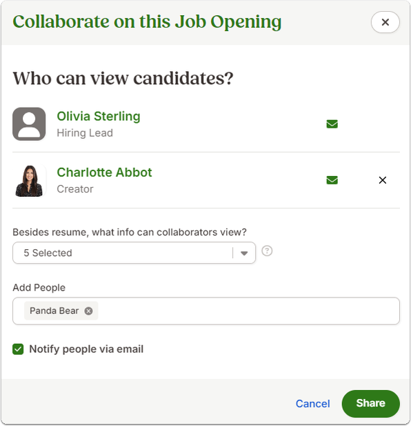 Screenshot of a Collaborate on this Job Opening window. Under Who can view candidates?, two employees are listed with checkmarks next to their names. A field for Add People is visible with one entry. A checkbox at the bottom allows notifying people via email. Buttons for Cancel and Share appear in the lower-right corner.