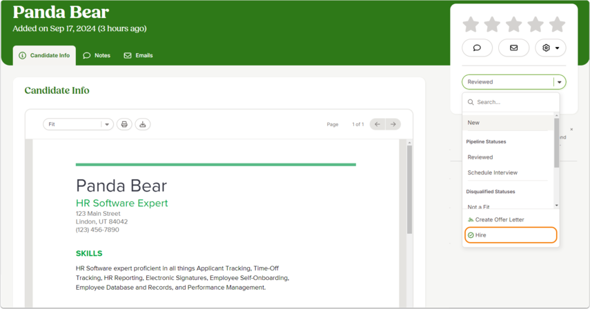 Screenshot of a candidate profile in BambooHR. The Status dropdown is expanded on the right sidebar, with the option Hire highlighted below pipeline and disqualified statuses.