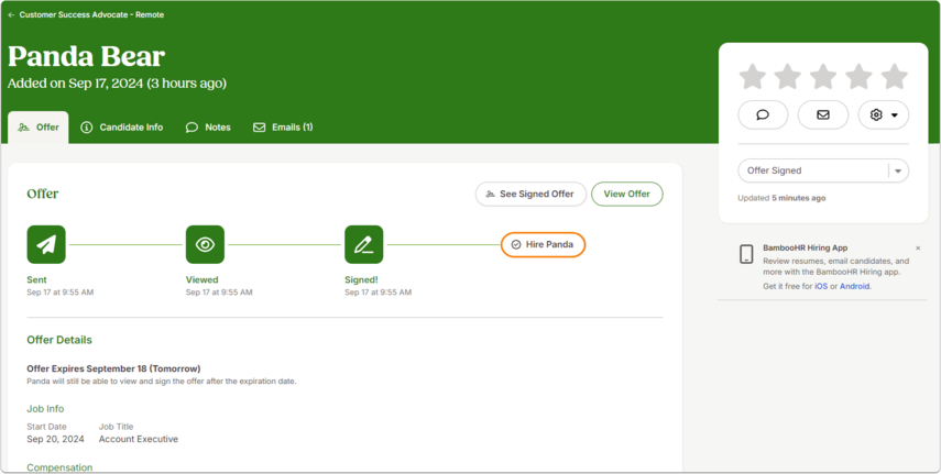 Screenshot of the Offer tab in a candidate profile. Offer progress shows icons for Sent, Viewed, and Signed. A highlighted button labeled Hire [candidate] appears after the signed step.