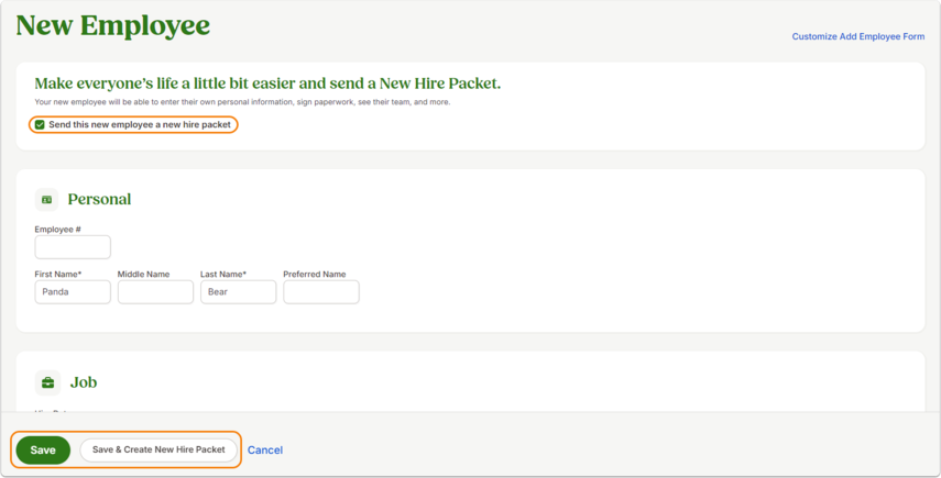 Form titled New Employee with sections for Personal (employee name fields) and Job details. A yellow-highlighted option Send this new employee a new hire packet appears at the top. Buttons at the bottom: Save and Save & Create New Hire Packet.
