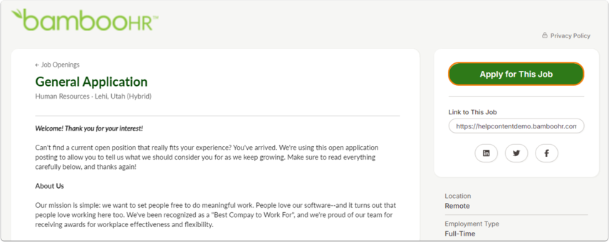 Screenshot of a job application page for General Application. Text explains company mission and instructions to apply. On the right-hand side, a green button labeled Apply for This Job is visible, along with job details such as Location: Remote and Employment Type: Full-Time.