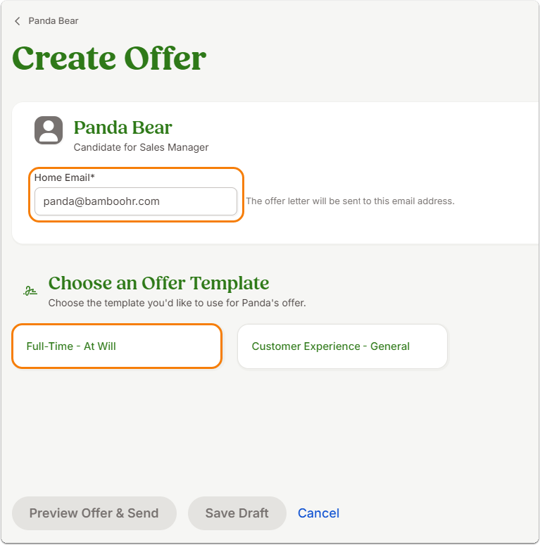 Screenshot of the Create Offer screen. The candidate’s name and email address are shown. A section labeled Choose an Offer Template displays dropdown options for job role and department. Buttons at the bottom: Preview Offer & Send, Save Draft, and Cancel.