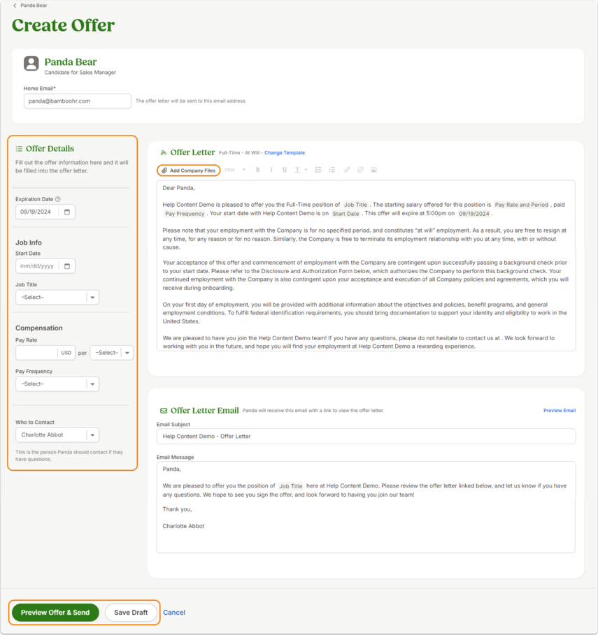 Screenshot of the Create Offer form with fields for Job Info, Compensation, and a contact person’s photo and details. A large text box displays the offer letter content preview.