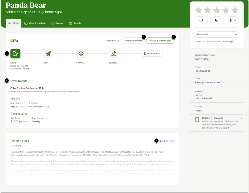 Screenshot of the candidate’s Offer tab. A draft offer letter is listed with options: Finish & Send Offer, Download Draft, timeline of draft creation, and quick overview fields.