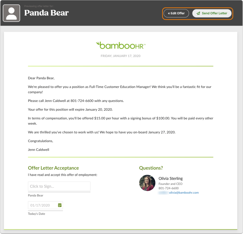 Screenshot of an email-style Offer Letter Preview. The company logo “bambooHR” is shown, followed by letter text. At the bottom, the box to sign to Accept Offer and candidate support contact information are visible.