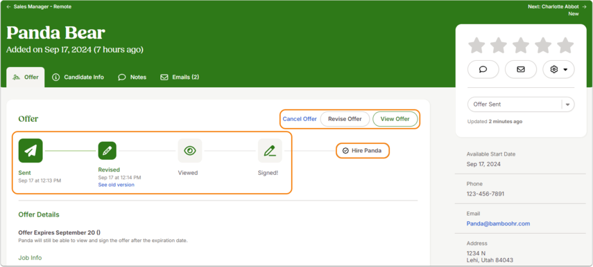 Screenshot of the Offer tab in the candidate profile. Status shows Offer Sent, with options to Cancel Offer, Revise, or View Signed Offer. A timeline lists offer actions with dates. Right-hand panel displays candidate details.