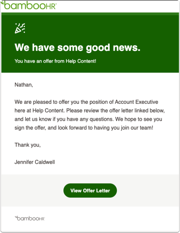 Screenshot of an email from bambooHR with the subject “We have some good news”. The body explains the candidate has received an offer. A green View Offer Letter button is displayed.