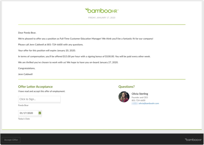 Screenshot of the candidate’s Offer Letter Acceptance page. The letter text is shown with fields for signature and date. Buttons include Accept Offer. Candidate support contact details appear on the right.