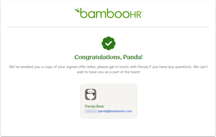 Screenshot of a Congratulations message with the BambooHR logo. Text confirms the signed offer letter and provides candidate contact information. A green checkmark icon is shown.