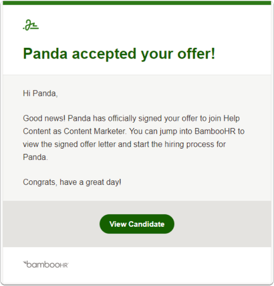 Screenshot of a BambooHR email reading “Panda accepted your offer!” with a green View Candidate button.