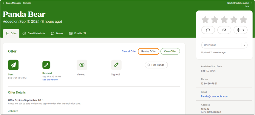 Screenshot of the candidate’s Offer tab with buttons Cancel Offer, Revise Offer, and View Offer. A preview window of the updated offer letter is shown below with highlighted revision options.