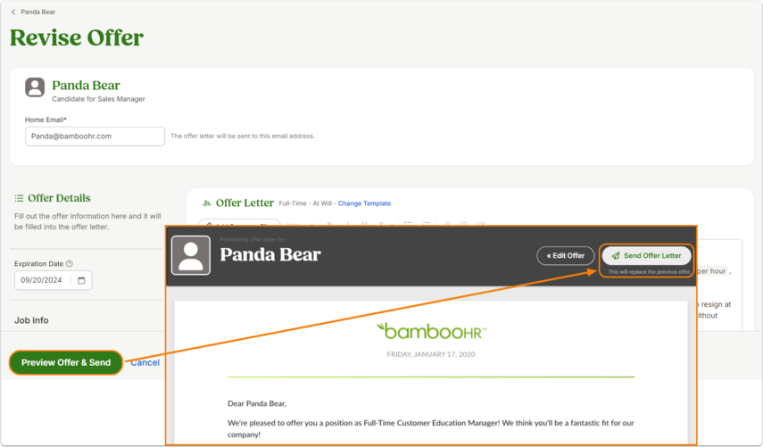 Screenshot of the candidate’s Offer tab in BambooHR. A button labeled Revise Offer is visible. Below, the offer letter content is displayed in an editor-style window, with editable fields for job details and compensation. Buttons at the bottom include Preview Offer & Send and Cancel.