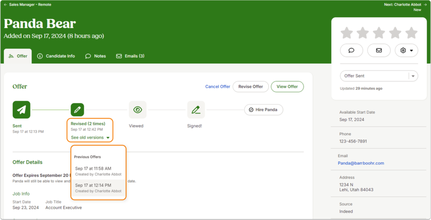 Screenshot of the candidate profile with the Offer tab timeline showing revision entries. Each revision has a date, sender, and viewed count. A See old versions option is available.