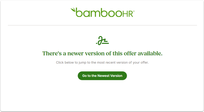 Screenshot of a BambooHR email that says “There’s a newer version of this offer available.” A green button labeled Go to the Newest Version directs candidates to the updated letter.