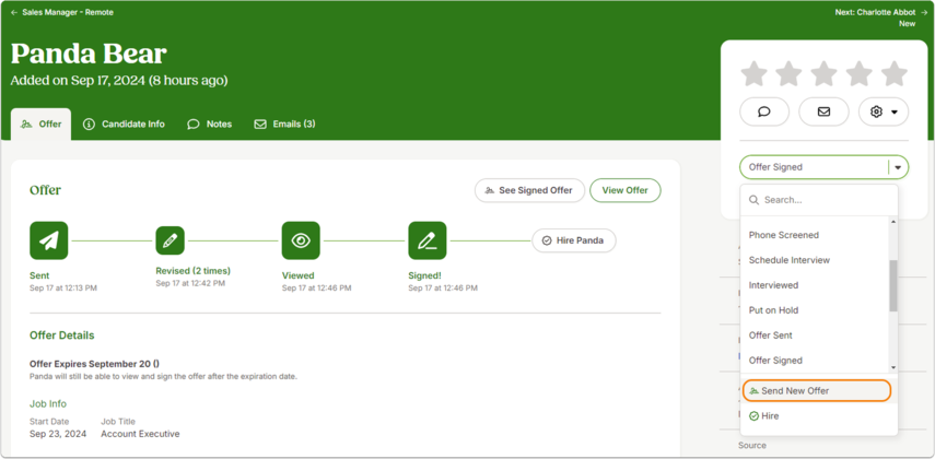 Screenshot of the candidate’s Offer tab. A dropdown menu on the right side is expanded, showing the option Send New Offer highlighted. The timeline below lists existing offer details.