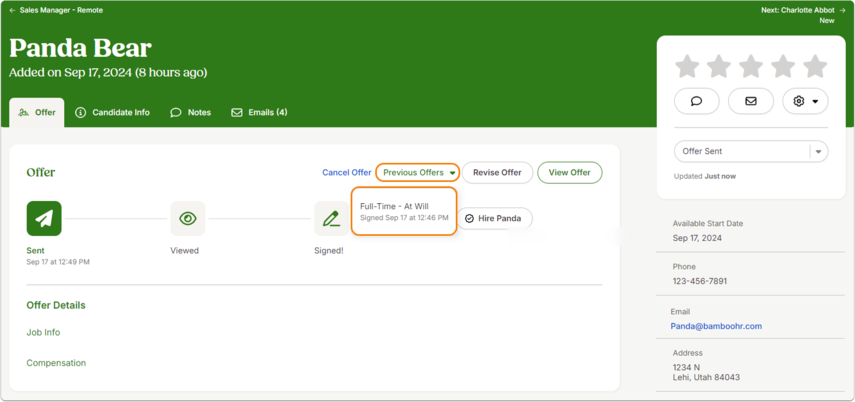 Screenshot of the candidate’s Offer tab with status details. The Previous Offers (0) link is visible, and the Send New Offer option is highlighted on the right-hand dropdown menu.