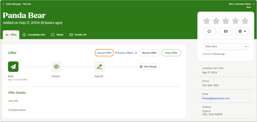 Screenshot of a candidate’s Offer tab in BambooHR. In the action area at the upper right, a standalone link labeled Cancel Offer is visible (no dropdown open). The Offer Details panel summarizes the current offer, and the timeline below shows recent actions; a right-side info panel lists candidate details. Focus is on the location of the Cancel Offer link used to rescind an unsigned offer.