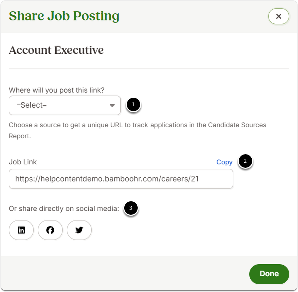 Pop-up window titled Share Job Posting with the job title Account Executive. Options include:Dropdown labeled Where will you post this link? with “–Select–” as placeholder.Job Link field showing a BambooHR careers URL and a Copy button.Social media share icons for LinkedIn, Facebook, and Twitter.At the bottom is a green Done button.