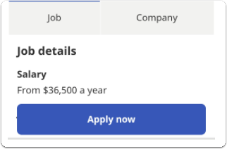 Screenshot from Indeed showing a Job details section. A salary range is listed as From [amount] a year. A large blue Apply now button is displayed below the salary.