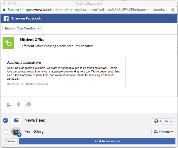 Facebook share window showing a job posting from Efficient Office with the headline “Efficient Office is hiring a new Account Executive!” A preview card displays the job title Account Executive and a short description about the company’s mission and workplace recognition. Options at the bottom include News Feed or Your Story, with audience selectors set to Public or Friends. A blue button labeled Post to Facebook is at the bottom.
