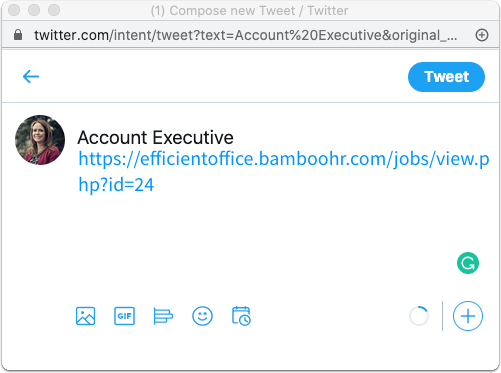 Twitter compose window with a draft tweet. The text includes the job title Account Executive and a BambooHR job link. The profile picture shows a placeholder person, and a blue Tweet button appears in the top-right corner.