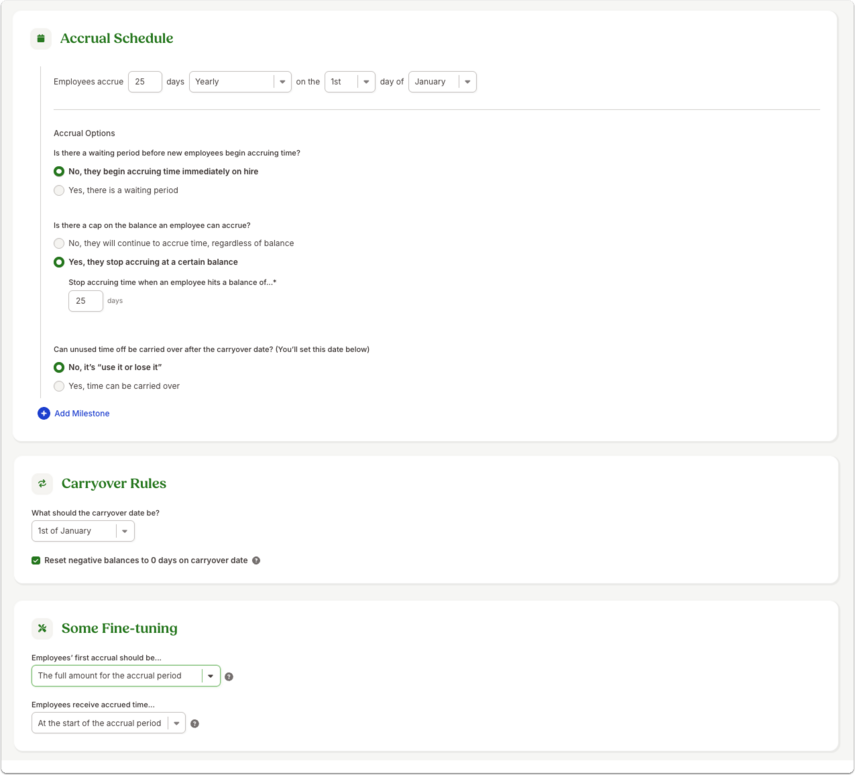 Screenshot of an Accrual Schedule setup for front-loaded time off. The settings show 25 days accrued on January 1st, with rules enforcing a balance cap and “use it or lose it.” Additional sections below include Carryover Rules, where the carryover date is set to January 1st with a reset of negative balances, and Some Fine-tuning, where accrual is set to the full amount at the start of the period.