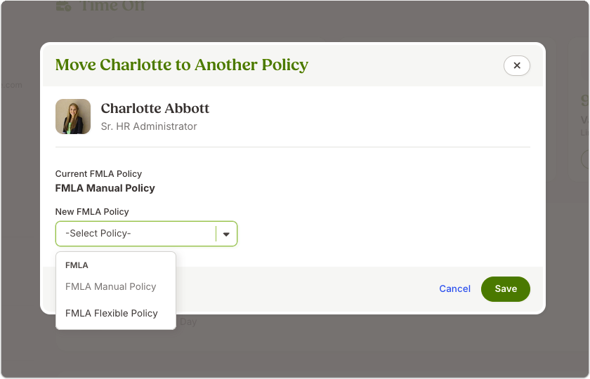 Screenshot of the “Move to Another Policy” modal for a specific employee. The modal displays the current FMLA policy and a dropdown menu to select a new policy, with options such as “FMLA Manual Policy” and “FMLA Flexible Policy.” Save and Cancel buttons appear at the bottom.