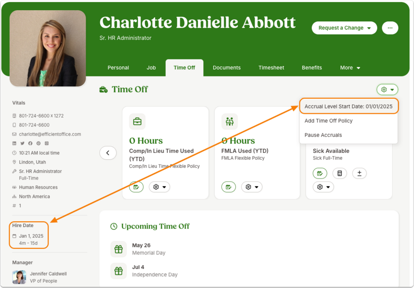 Screenshot of an employee profile in BambooHR with the Time Off tab selected. The page header shows the employee’s name, title, and profile photo, with navigation tabs for Personal, Job, Documents, Timesheet, Benefits, and More. In the main section, time off balances are displayed in tiles for different categories, all showing 0 hours. The left panel shows the employee’s hire date, highlighted in orange, with a note that it is set to January 1. At the top right, the gear menu is open, and the option “Accrual Level Start Date: 01/01/2025” is highlighted in orange. Two orange arrows connect the hire date on the left to the accrual level start date on the right, illustrating the difference between the two dates.