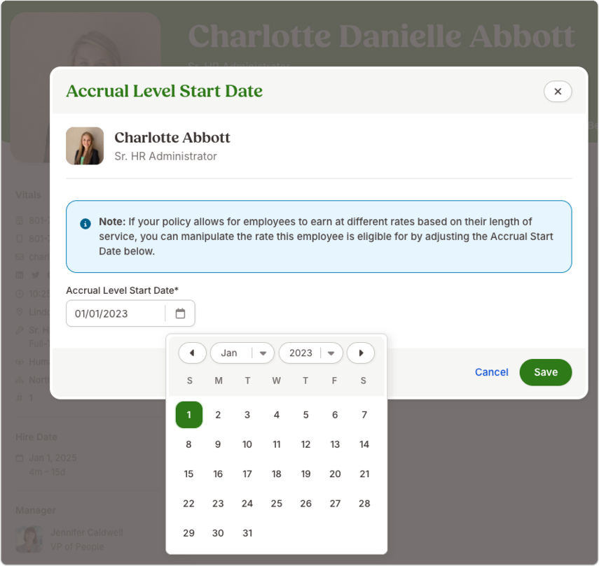 Screenshot of the “Accrual Level Start Date” modal window in BambooHR. The header displays the employee’s name and job title with a small profile photo. A blue information box explains that if a policy allows different accrual rates based on service length, the accrual start date can be adjusted to control eligibility. Below, the “Accrual Level Start Date” field is set to 01/01/2023, with a calendar picker expanded showing January 2023. The calendar highlights the 1st day in green. At the bottom right, two buttons allow the user to cancel or save the change, with the Save button shown in green.