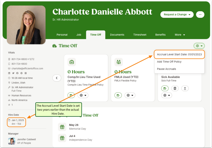 Screenshot of an employee profile in BambooHR with the Time Off tab selected. The profile header shows the employee’s name, photo, and role, with navigation tabs across the top. In the left panel, the Hire Date field is highlighted in orange, showing January 1, 2025. In the top-right gear menu, the option “Accrual Level Start Date: 01/01/2023” is highlighted in orange. An orange arrow connects the two fields, and a green annotation box explains that the accrual level start date is set two years earlier than the actual hire date.