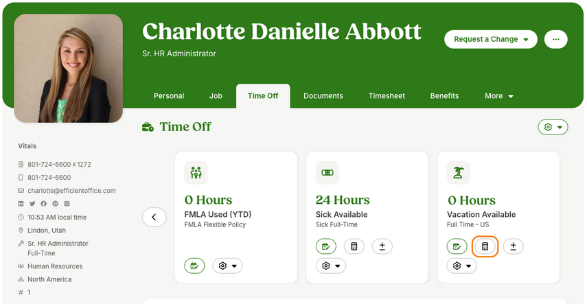 Screenshot of an employee profile in BambooHR with the Time Off tab selected. The main section displays three time off tiles: FMLA Used (0 hours), Sick Available (24 hours), and Vacation Available (0 hours). On the Vacation Available tile, the calculator icon is outlined in orange, indicating where to click to calculate and preview accrual schedules.