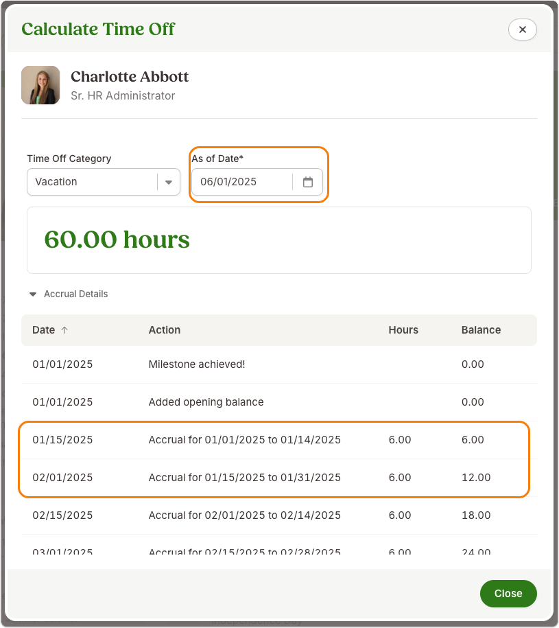 Screenshot of the “Calculate Time Off” modal in BambooHR. At the top, the employee’s name and role appear with a dropdown showing the selected time off category as “Vacation.” Next to it, the “As of Date” field is highlighted in orange and set to 06/01/2025. Below, the total time off shows as 60.00 hours in large green text. The expanded “Accrual Details” section lists entries with dates, actions, hours, and balances. The milestone achievement and opening balance appear at the top, followed by accrual entries. Two rows are highlighted in orange: January 15, 2025 (6 hours accrued, balance 6) and February 1, 2025 (6 hours accrued, balance 12). At the bottom right, there is a green Close button.