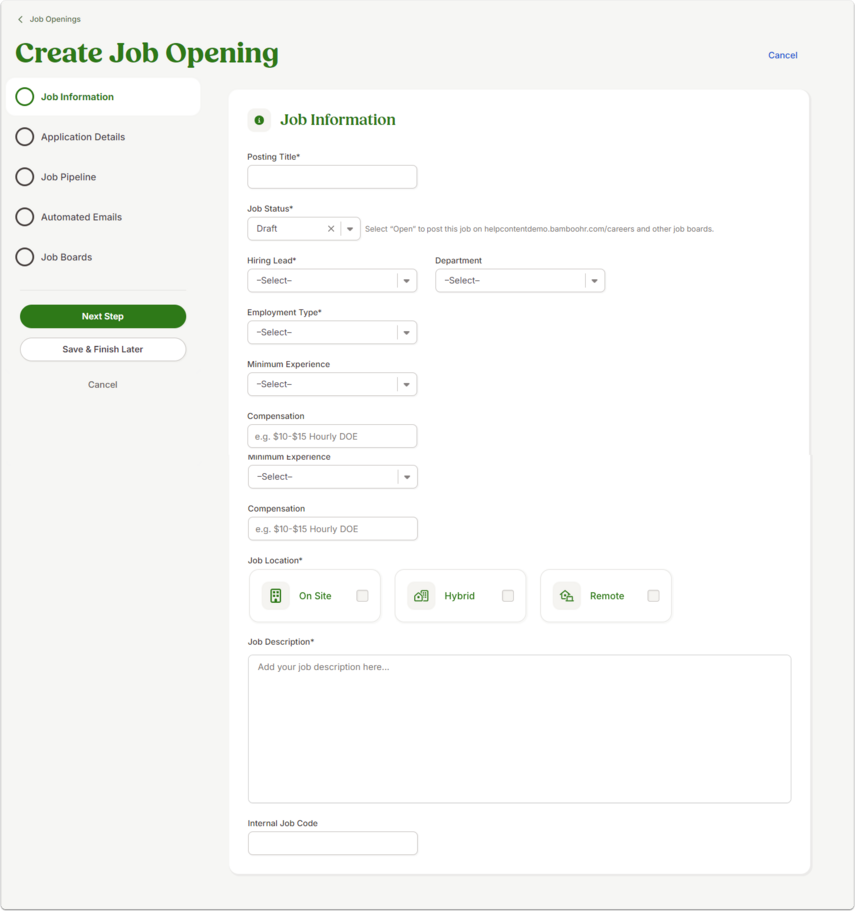 Screenshot of the Create Job Opening form in BambooHR. The left side shows a progress list with steps: Job Information, Application Details, Job Pipeline, Automated Emails, Job Boards. On the right, the Job Information form is active, including fields for Posting Title, Hiring Lead, Department, Employee Type, Location, Compensation, and Job Description. Buttons at the bottom allow saving or previewing the posting.