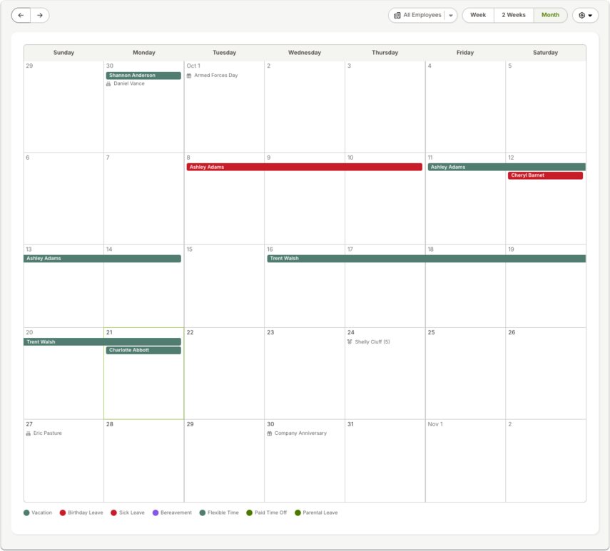 Screenshot showing the expanded calendar view of the Who’s Out widget, where employees’ time off slots are displayed on a calendar with dropdowns for filtering by standard status options and timeframe; the slots are color-coded by category only if the user has access to the corresponding time off categories