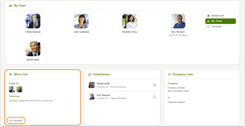 Screenshot of a manager's homepage in BambooHR showing their access to the Who's Out widget.