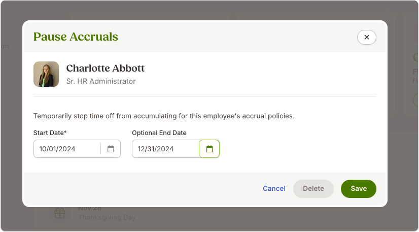 Popup window titled Pause Accruals. Fields include Employee name card, Start Date, and optional End Date. Bottom buttons: Save (blue) and Cancel (gray).