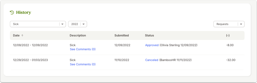 Screenshot of the Time Off History table filtered to display only the history of time off requests on the employee's Time Off tab, listing time off requests with their date ranges, statuses (such as Approved, Denied, Canceled, Superseded, or Requested), and deducted amounts.