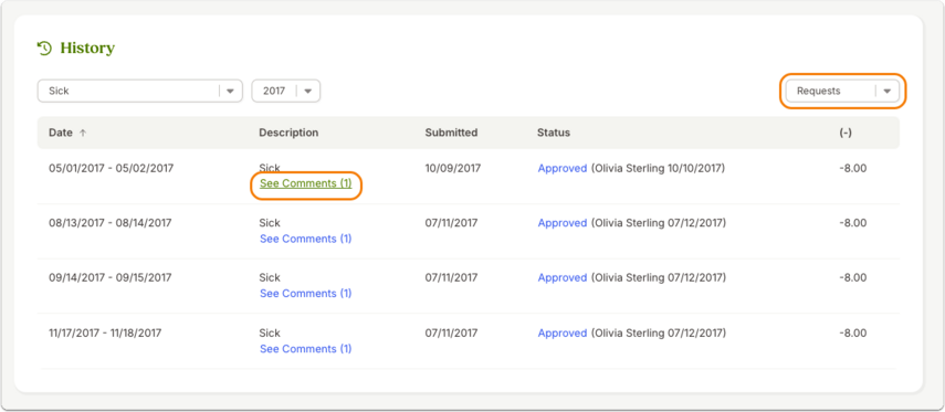 Screenshot showing how users can view and/or add comments on time off requests from the Time Off tab on an employee profile. The History table filtered by "Requests" show all time off requests by date, description, submitted date, and status. Any requests with comments will show a blue See Comments link, which users can click on to view and/or add any comments tied to that request.