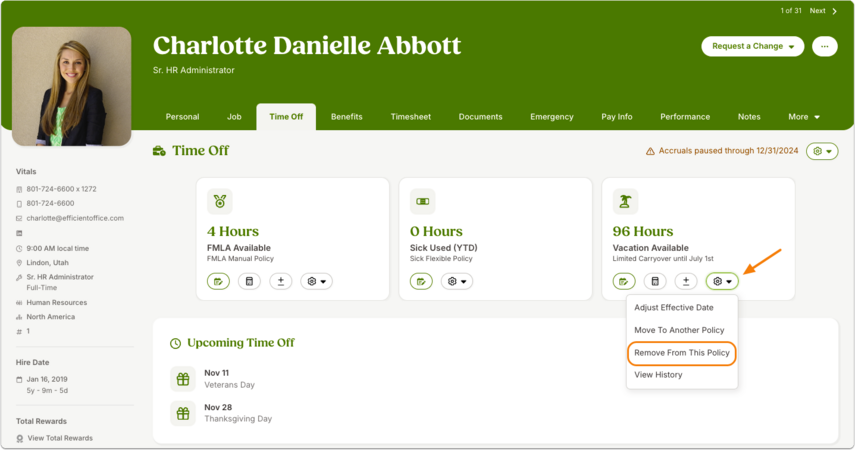Screenshot of an employee’s Time Off tab showing balances for multiple time off categories. On one of the category cards, the gear icon menu is open with the option Remove From This Policy highlighted. This illustrates how an admin can remove an employee from a time off policy by using this option, and the employee stops accruing time off under that policy going forward.