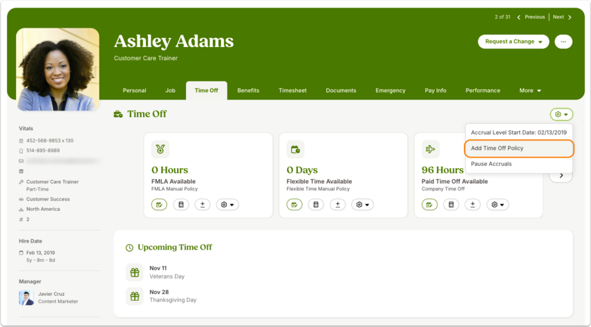 Screenshot of Time Off tab. The  action menu (gear icon) shows options: Add Time Off Policy and Pause Accruals.