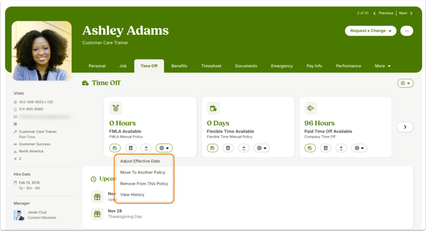The image shows the Time Off tab. The action menu (gear icon) for a time off category shows options: Adjust Effective Date, Move to Another Policy, Remove From This Policy, and View History.