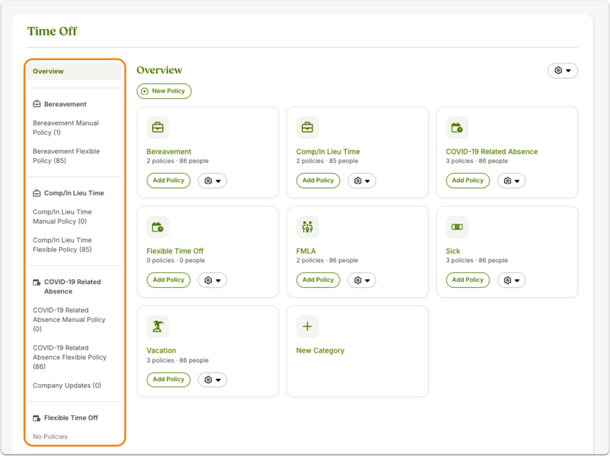 Screenshot of the Time Off Overview with the left navigation menu expanded. Each category is listed with nested policies underneath. The main Overview grid of category cards is visible in the center panel.