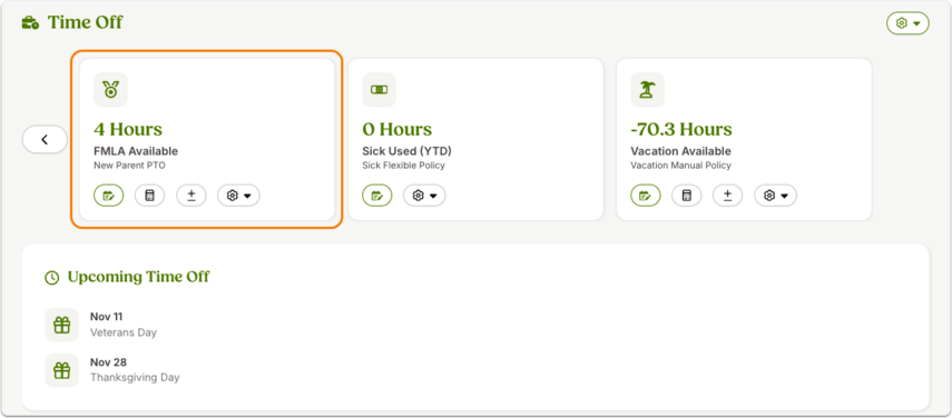 Screenshot of the Time Off tab in BambooHR. Three categories are displayed: FMLA Available with 4 Hours under a New Parent PTO policy, Sick Used (YTD) with 0 Hours under a Sick Flexible Policy, and Vacation Available with -70.3 Hours under a Vacation Manual Policy. The FMLA category is outlined in orange to emphasize it as an accrual policy.