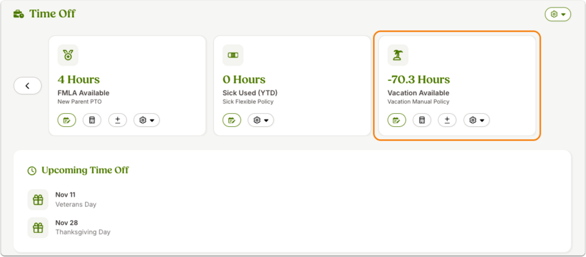Screenshot of the Time Off tab in BambooHR with the same three categories: FMLA Available with 4 Hours, Sick Used (YTD) with 0 Hours, and Vacation Available with -70.3 Hours. In this view, the Vacation category is outlined in orange to highlight it as a manually updated policy.