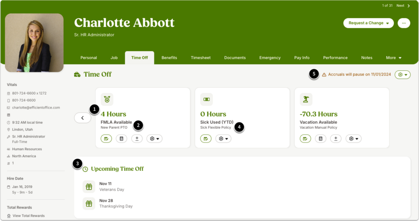 Screenshot of an employee’s Time Off tab within BambooHR, showing detailed balances and upcoming time off. The page header includes the employee’s name, job title, and navigation tabs such as Personal, Job, Time Off, Benefits, and Timesheet. Within the Time Off section, several cards display information: a balance of available hours, hours of sick time used, upcoming approved time off with holiday dates, and vacation hours available. Numbered black circles mark different areas, aligning with the explanation in the help guide: (1) hours available, (2) accrual policy, (3) upcoming time off, (4) flexible time off tracking, and (5) a notification for paused accruals shown in red text.