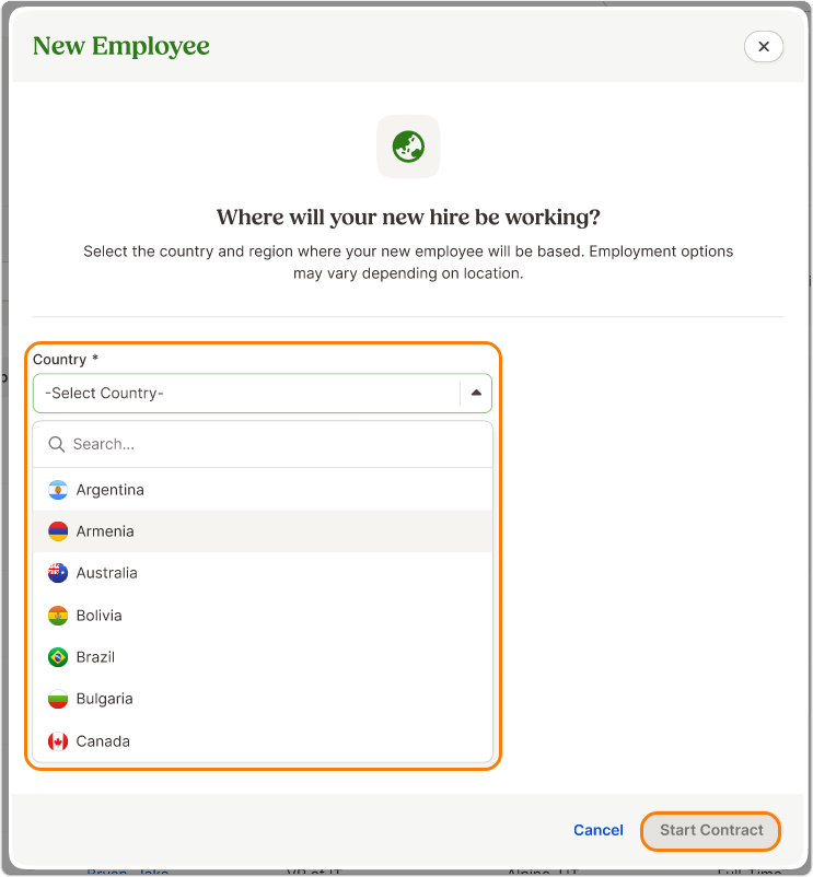 Form titled Where will your new hire be working? Dropdown shows countries including Argentina, Australia, Brazil, Canada. Canada is selected. Button: Start Contract. Selected country has an orange outline.