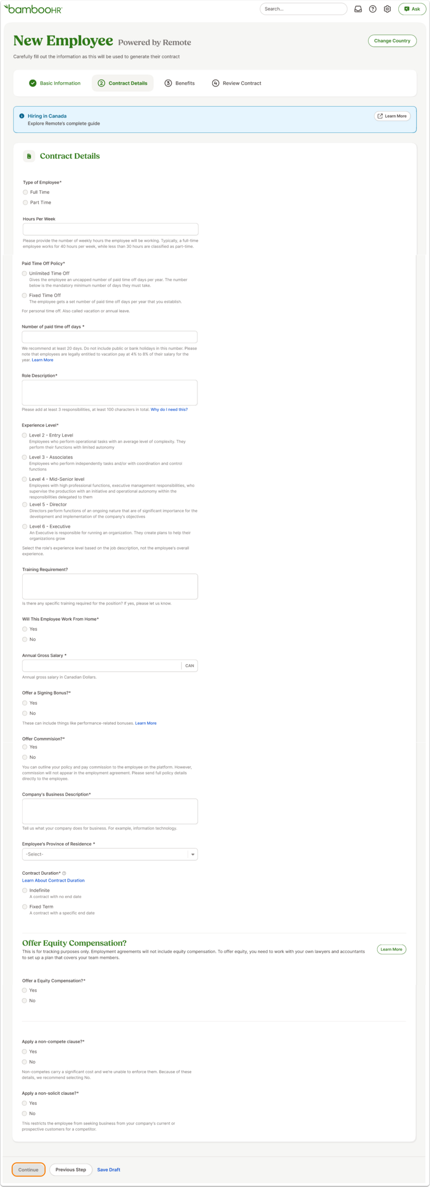 Contract form with fields for Contract Duration, Type of Employee, Hours per Week, Salary, Benefits, Equity, and Role Description. Buttons: Continue, Previous Step, and Save Draft. Required fields are marked with an asterisk.