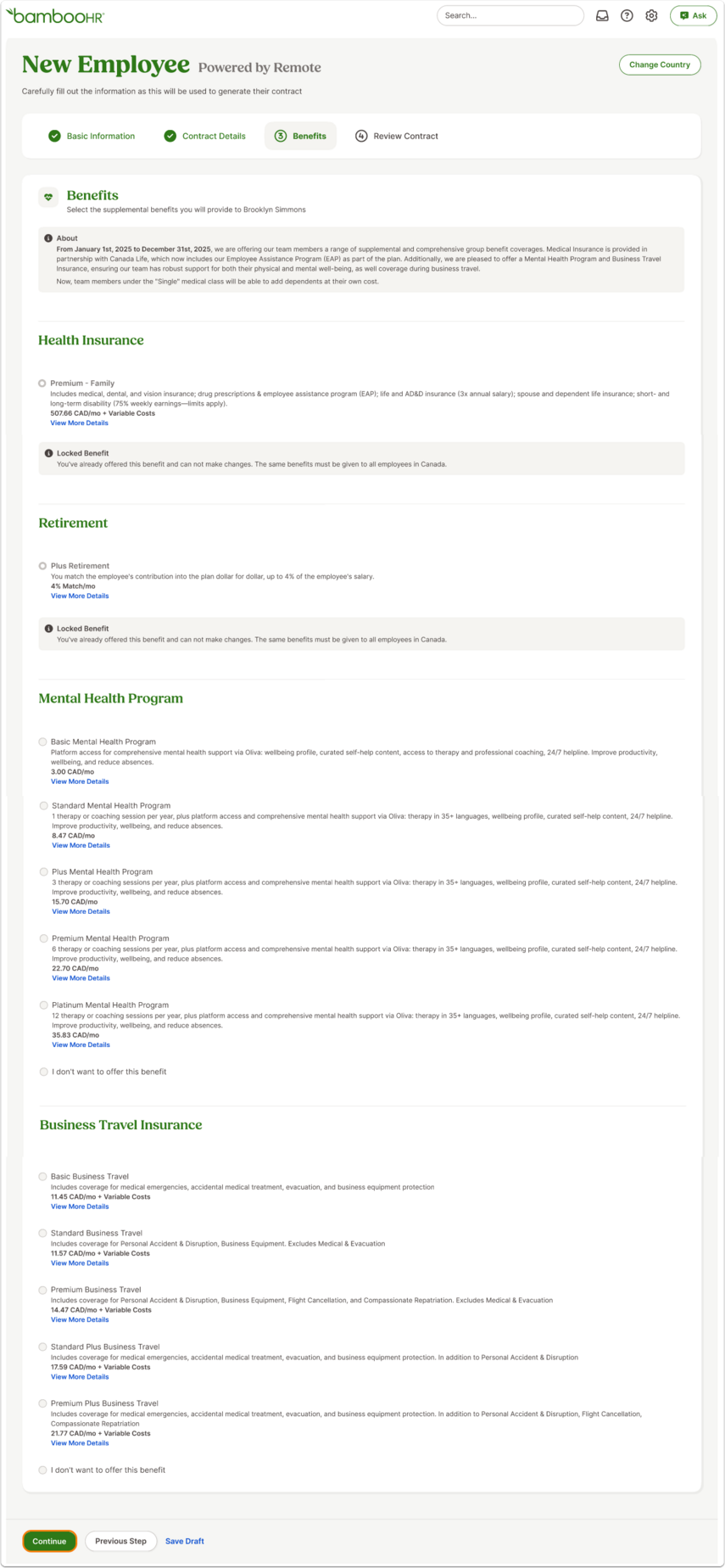 Benefits page lists insurance and coverage types with cost values. Options allow single or family coverage. Two scenarios: unlocked (editable) or locked (read-only). Buttons: Continue, Previous Step, Save Draft.