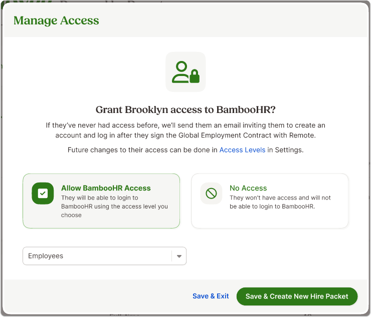 Manage Access screen with options: Allow BambooHR Access (with levels) or No Access. Button: Save & Create New Hire Packet or Save & Exit.